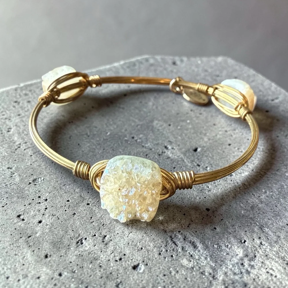 Bourbon &‎ Boweties Gold Wire Bangle Bracelet Clear Druzy Stones Boho Stackable
